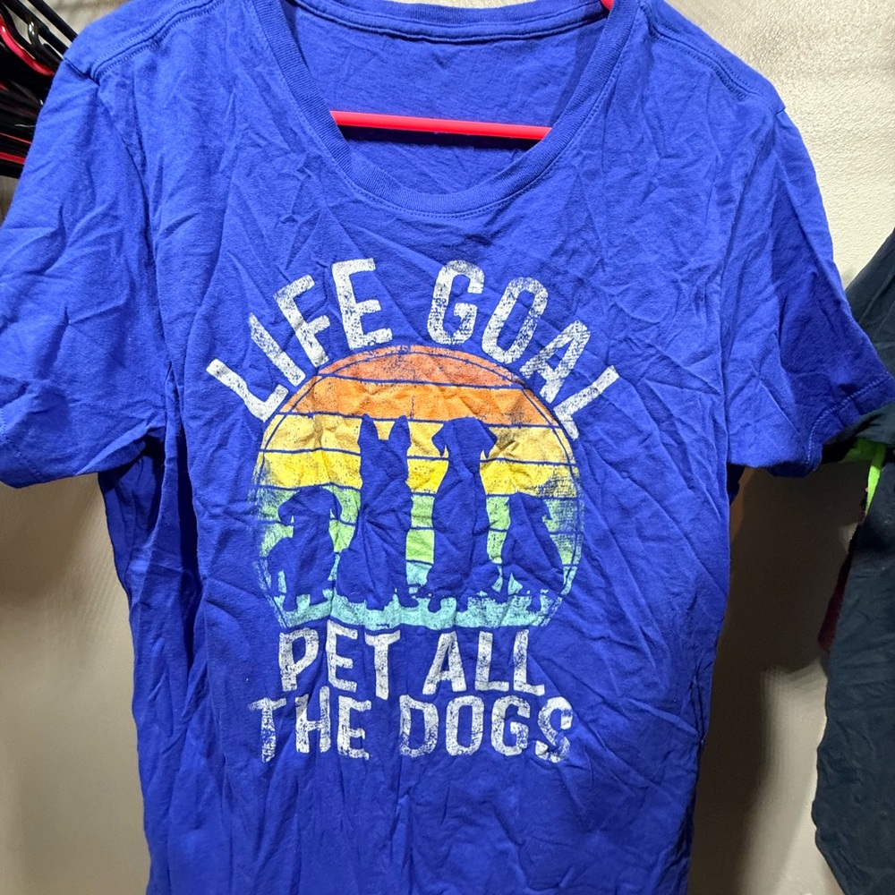 Blue Graphic Dog Lover Tee - “Life Goal Pet All The Dogs”